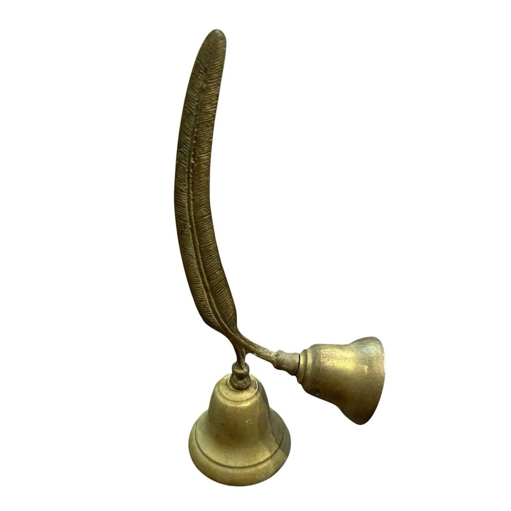Vintage Double Hand Bell Feather Handle Brass Tone Rustic  Decor (No Clapper)